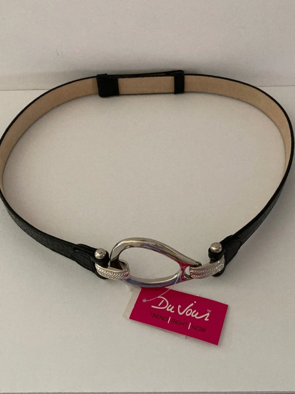 DuJour Black Croco Embossed Skinny Belt/Silver Tone Oval Buckle/M/L/24-39